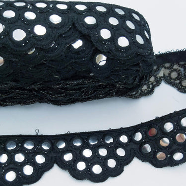 Black Mirror Trim, Kutch Embroidered Navratri Garba Dress Trim Bridal Lace, Indian Sari Border 40 mm Wide Trim Per Yard
